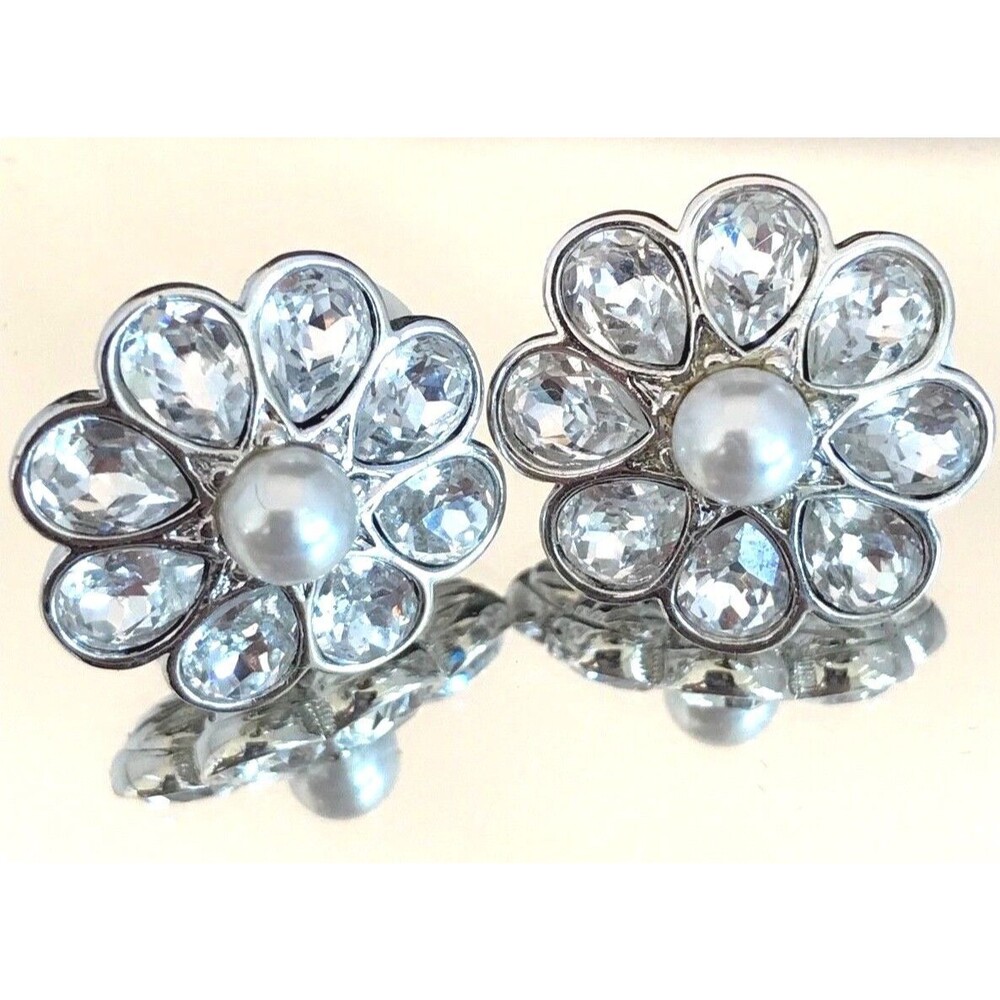 Vintage Swarovski Crystal Earrings Pearl Flower Clip Swan Signed NWT - 4Y